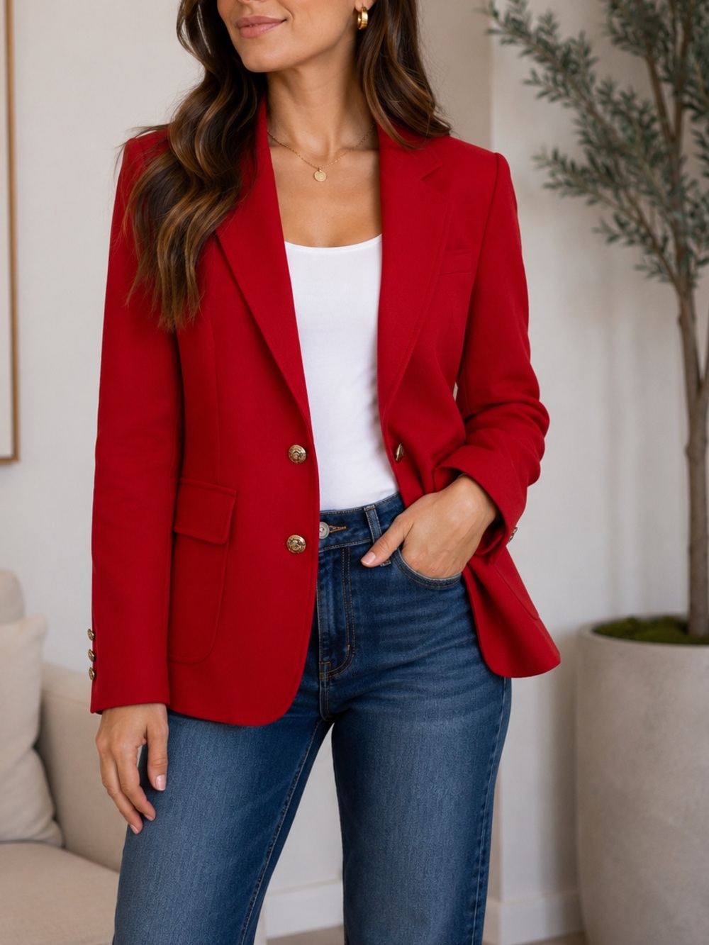 Lady Edwards Red Blazer Jacket Gold Buttons Career Office Size 6P